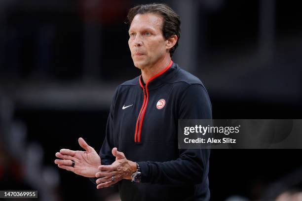 Atlanta Hawks head coach Quin Snyder looks on during the first half against the Washington Wizards at State Farm Arena on February 28, 2023 in...