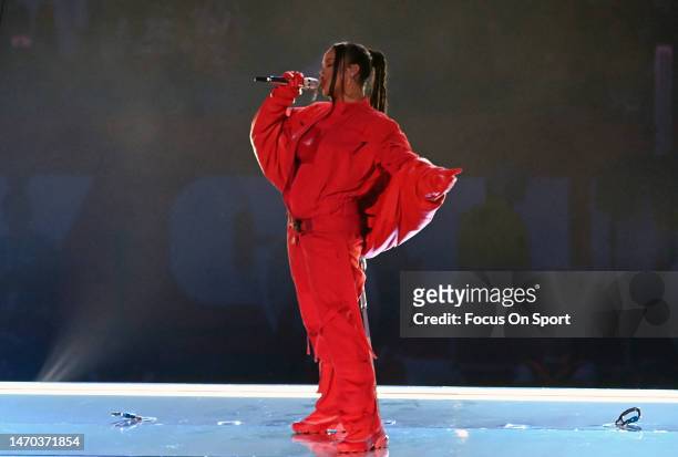 Rihanna performs during the Apple Music Super Bowl LVII Halftime Show at State Farm Stadium on February 12, 2023 in Glendale, Arizona.