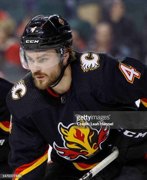 Rasmus Andersson of the Calgary Flames prepares for a faceoff against the Tampa Bay Lightning at the Scotiabank Saddledome on January 21 in Calgary,...