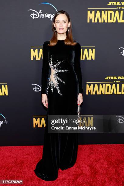 Emily Swallow attends the Los Angeles Premiere Of Disney+ "The Mandalorian" Season 3 at El Capitan Theatre on February 28, 2023 in Los Angeles,...