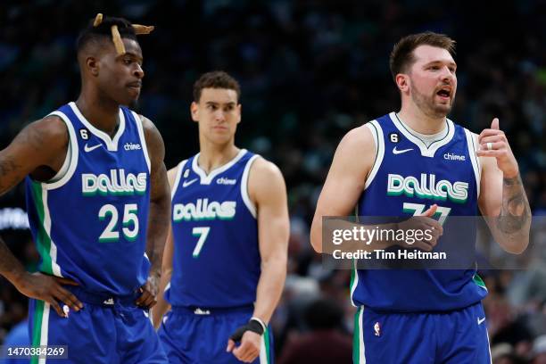 Luka Doncic of the Dallas Mavericks reacts after receiving a technical foul in the first half against the Indiana Pacers at American Airlines Center...