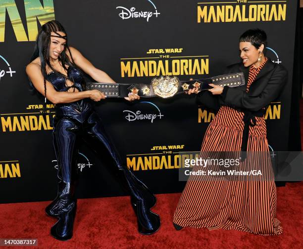Mercedes Moné and Rosario Dawson attend the Los Angeles Premiere Of Disney+ "The Mandalorian" Season 3 at El Capitan Theatre on February 28, 2023 in...
