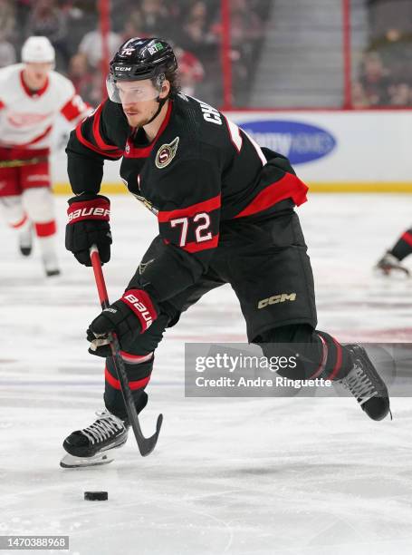 Thomas Chabot of the Ottawa Senators skates against the Detroit Red Wings at Canadian Tire Centre on February 27, 2023 in Ottawa, Ontario, Canada.