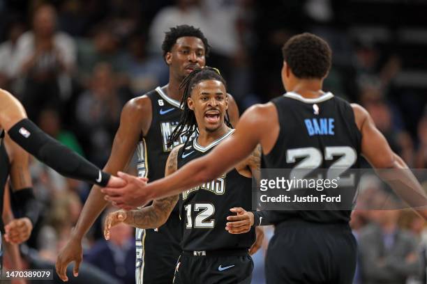 Ja Morant of the Memphis Grizzlies reacts during the second half against the Los Angeles Lakers at FedExForum on February 28, 2023 in Memphis,...