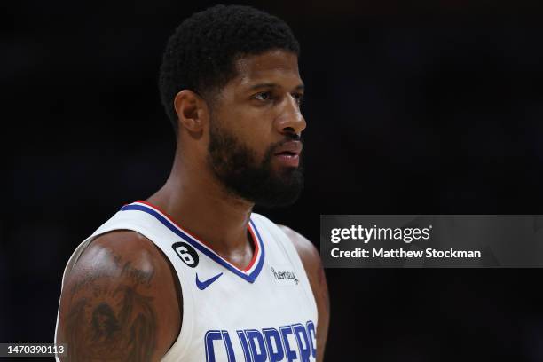 Paul George of the Los Angeles Clippers plays the Denver Nuggets in the first quarter at Ball Arena on February 26, 2023 in Denver, Colorado. NOTE TO...