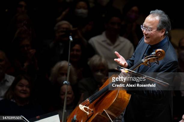 Yo-Yo Ma walks on stage before performing Cello Concerto in E minor, Op. 85 at David Geffen Hall on February 28, 2023 in New York City. Yo- Yo Ma...