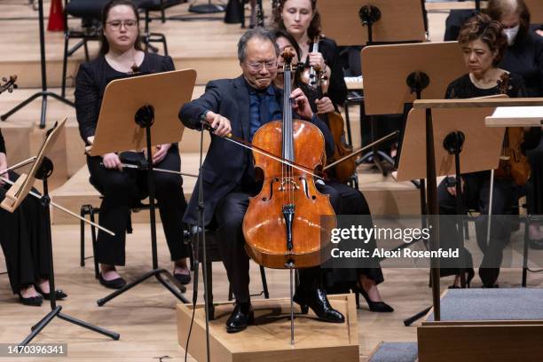 Yo-Yo Ma performs solo 'The Song of The Birds' by Pablo Casals at David Geffen Hall on February 28, 2023 in New York City. Yo-Yo Ma performed in a...