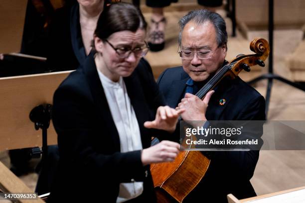 Yo-Yo Ma performs Cello Concerto in E minor, Op. 85 at David Geffen Hall as Daniela Candillari conducts the New York Philharmonic on February 28,...