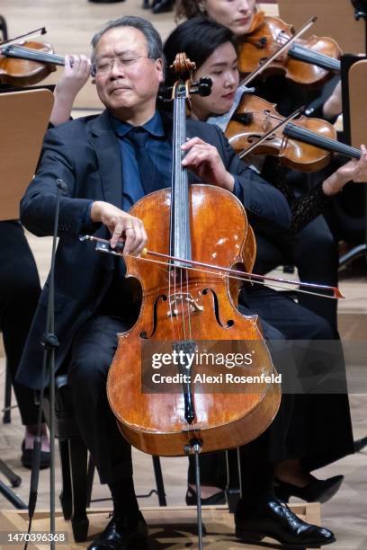 Yo-Yo Ma performs Cello Concerto in E minor, Op. 85 with the New York Philharmonic at David Geffen Hall on February 28, 2023 in New York City. Yo-Yo...