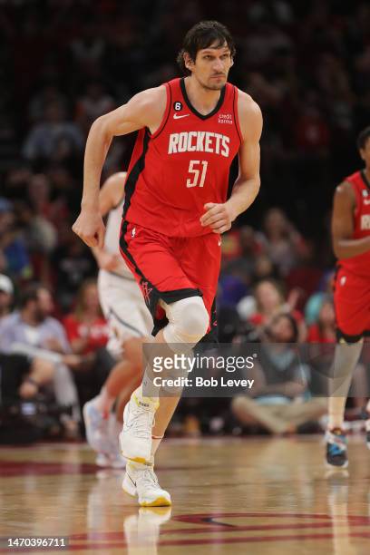 Boban Marjanovic of the Houston Rockets runs upcourt during the first half against the Denver Nuggets at Toyota Center on February 28, 2023 in...