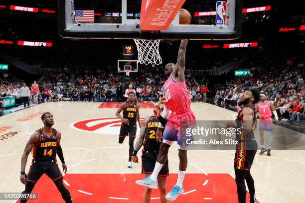 Kendrick Nunn of the Washington Wizards shoots over the Atlanta Hawks defense during the first half at State Farm Arena on February 28, 2023 in...