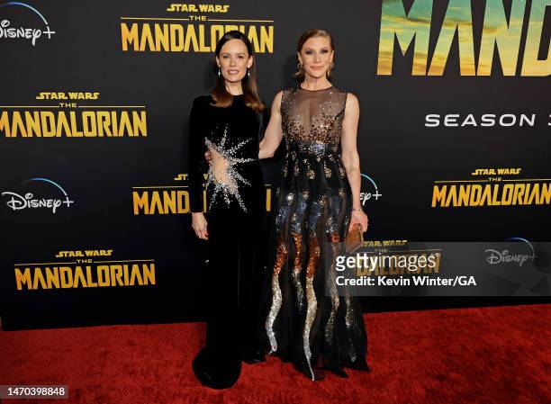 Emily Swallow and Katee Sackhoff attend the Los Angeles Premiere Of Disney+ "The Mandalorian" Season 3 at El Capitan Theatre on February 28, 2023 in...