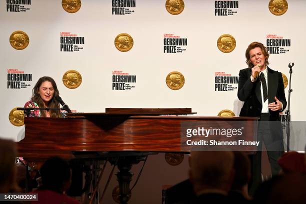 Singer-songwriters Sara Bareilles and Brandi Carlile perform at the 2023 Library of Congress Gershwin Prize Dinner at the Library of Congress on...
