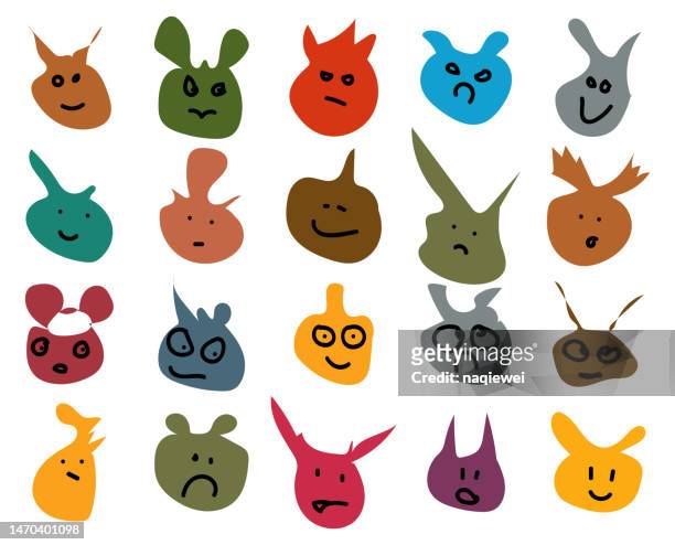 vektor zeichenstil set abstrakte farben tierkopf doodle gesichter mit verschiedenen emojies isolierte sammlung - animal face stock-grafiken, -clipart, -cartoons und -symbole