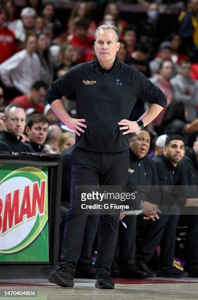 Head coach Chris Collins watches the game against the Maryland Terrapins at Xfinity Center on February 26, 2023 in College Park, Maryland.