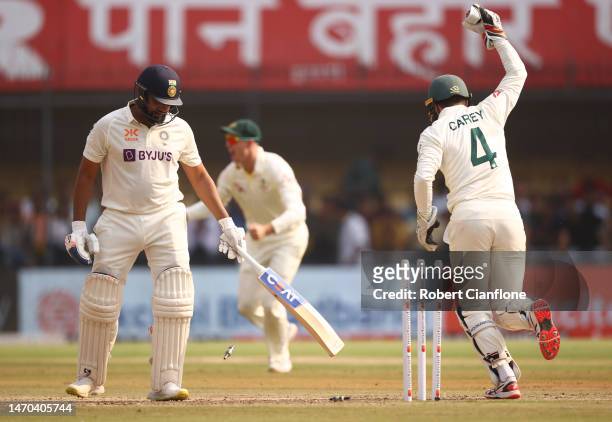 Rohit Sharma of India is stumped by Alex Carey of Australia during day one of the Third Test match in the series between India and Australia at...