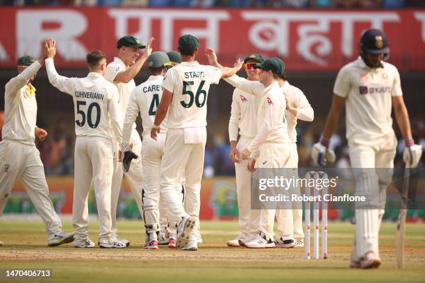 Matthew Kuhnemann of Australia celebrates taking the wicket of Shubman Gill of India during day one of the Third Test match in the series between...