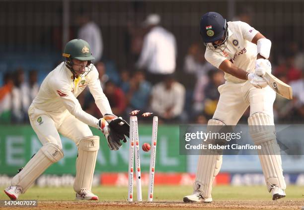 Cheteshwar Pujara of India is bowled by Nathan Lyon of Australia during day one of the Third Test match in the series between India and Australia at...