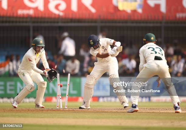 Cheteshwar Pujara of India is bowled by Nathan Lyon of Australia during day one of the Third Test match in the series between India and Australia at...