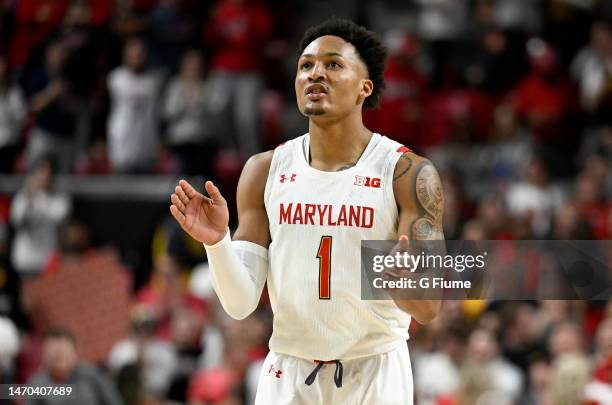 Jahmir Young of the Maryland Terrapins celebrates during the game against the Northwestern Wildcats at Xfinity Center on February 26, 2023 in College...