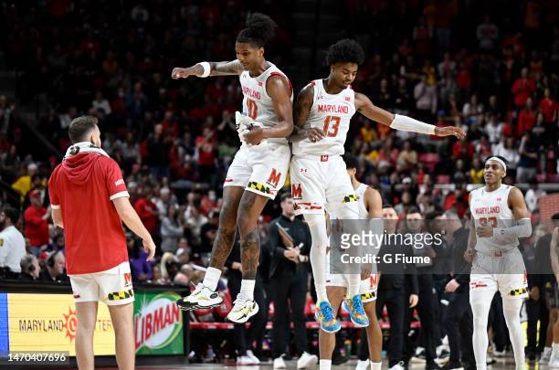 Julian Reese and Hakim Hart of the Maryland Terrapins celebrate in the second half against the Northwestern Wildcats at Xfinity Center on February...
