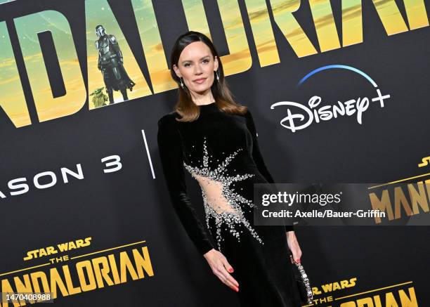 Emily Swallow attends the Los Angeles Premiere of Disney+ "The Mandalorian" Season 3 at El Capitan Theatre on February 28, 2023 in Los Angeles,...