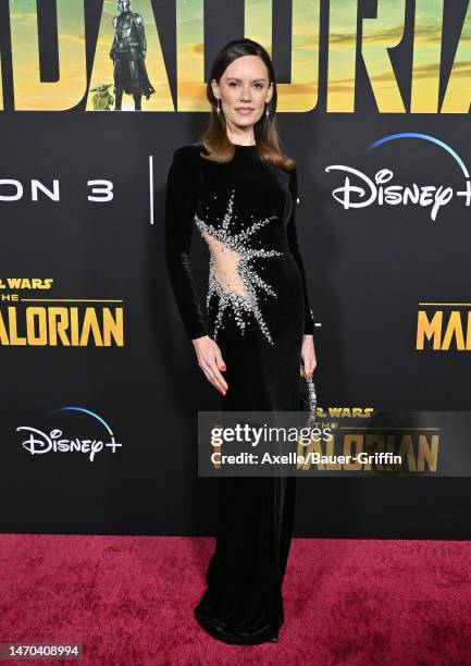 Emily Swallow attends the Los Angeles Premiere of Disney+ "The Mandalorian" Season 3 at El Capitan Theatre on February 28, 2023 in Los Angeles,...