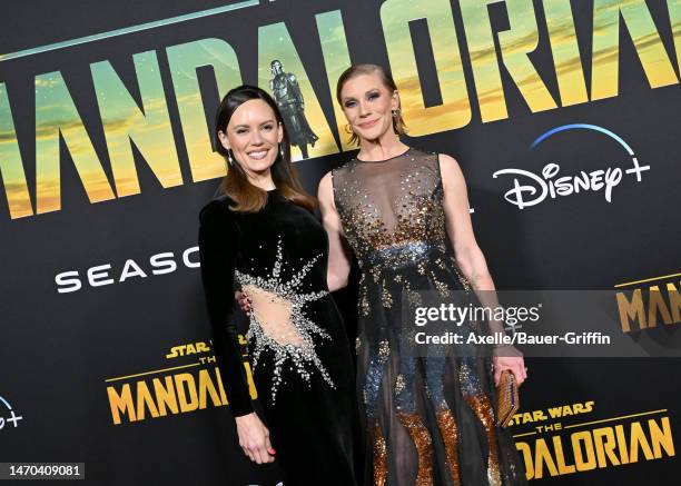 Emily Swallow and Katee Sackhoff attend the Los Angeles Premiere of Disney+ "The Mandalorian" Season 3 at El Capitan Theatre on February 28, 2023 in...