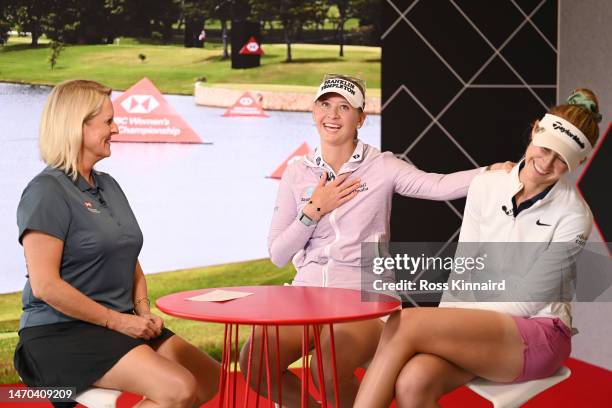 Kate Burton talks with Jessica Korda and Nelly Korda of The United States during an HSBC Sport interview prior to the HSBC Women's World Championship...