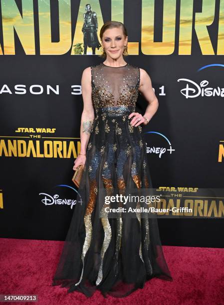 Katee Sackhoff attends the Los Angeles Premiere of Disney+ "The Mandalorian" Season 3 at El Capitan Theatre on February 28, 2023 in Los Angeles,...