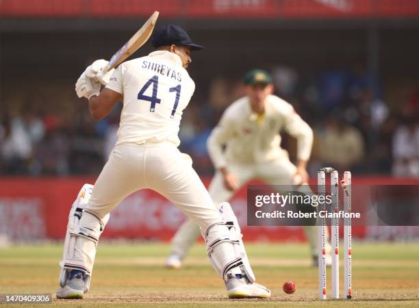 Shreyas Iyer of India is bowled by Matthew Kuhnemann of Australia during day one of the Third Test match in the series between India and Australia at...