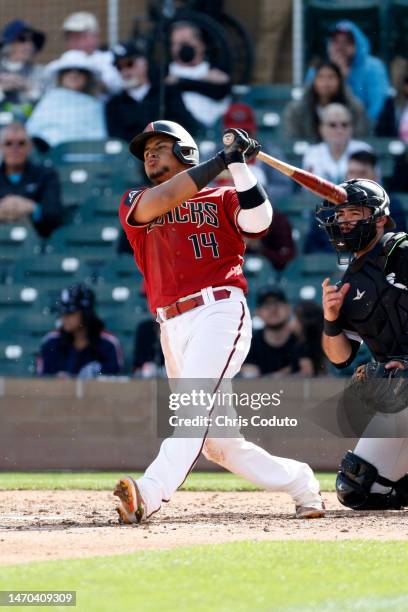 Gabriel Moreno of the Arizona Diamondbacks bats during the game against the Chicago White Sox at Salt River Fields at Talking Stick on February 28,...