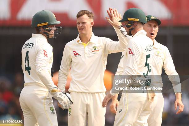 Matthew Kuhnemann of Australia celebrates taking the wicket of Shreyas Iyer of India during day one of the Third Test match in the series between...