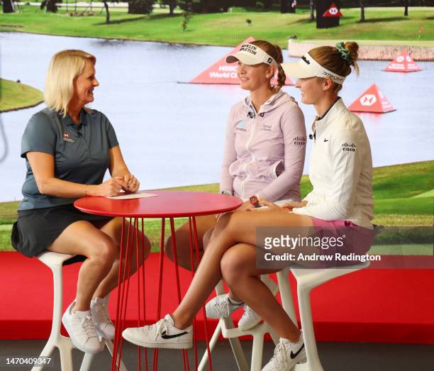 Kate Burton talks with Jessica Korda and Nelly Korda of The United States during an HSBC Sport interview prior to the HSBC Women's World Championship...