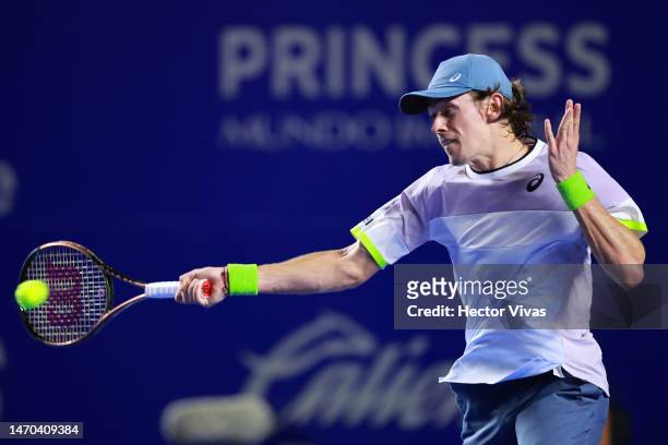 Alex de Minaur of Australia plays a forehand during the men's singles round of 32 match against Rodrigo Pacheco Mendez of Mexico as part of Day 2 of...