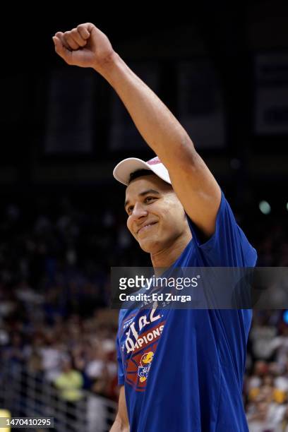 Kevin McCullar Jr. #15 of the Kansas Jayhawks waves to the crowd after their 67-63 win against the Texas Tech Red Raiders at Allen Fieldhouse on...