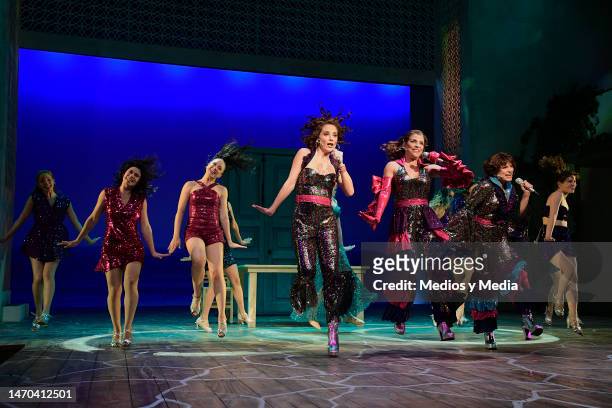 Marisol del Olmo, Lisset and Gicela Sehedi perform during 'Mamma Mia' the musical at the Insurgentes Theater on February 28 at Teatro Insurgentes on...