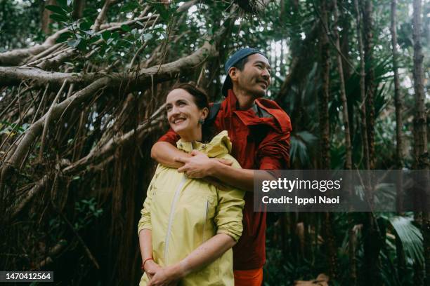 husband embraching wife from behind in forest - strangler fig tree stock pictures, royalty-free photos & images