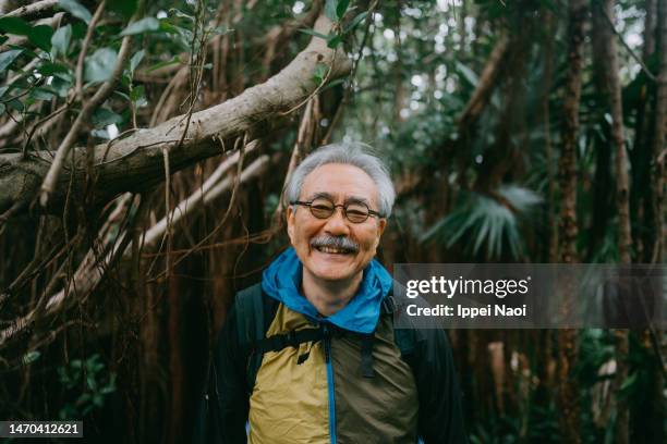 senior man in forest with banyan tree - レインコート ストックフォトと画像
