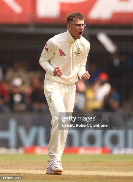 Todd Murphy of Australia celebrates taking the wicket of Virat Kohli of India during day one of the Third Test match in the series between India and...