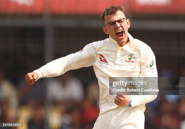 Todd Murphy of Australia celebrates taking the wicket of Virat Kohli of India during day one of the Third Test match in the series between India and...