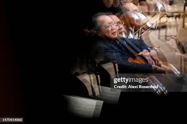 Yo-Yo Ma performs Cello Concerto in E minor, Op. 85 with the New York Philharmonic at David Geffen Hall on February 28, 2023 in New York City. Yo- Yo...