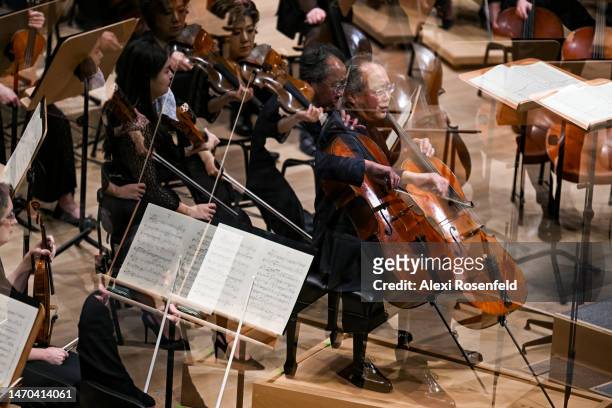 Yo-Yo Ma performs Cello Concerto in E minor, Op. 85 with the New York Philharmonic at David Geffen Hall on February 28, 2023 in New York City. Yo- Yo...