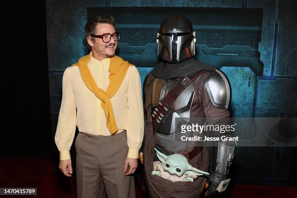 Pedro Pascal and a Disney Parks character attend the Mandalorian special launch event at El Capitan Theatre in Hollywood, California on February 28,...