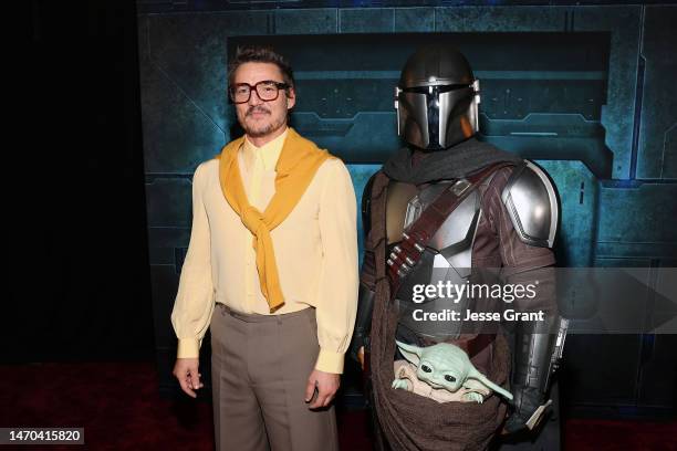 Pedro Pascal and a Disney Parks character attend the Mandalorian special launch event at El Capitan Theatre in Hollywood, California on February 28,...