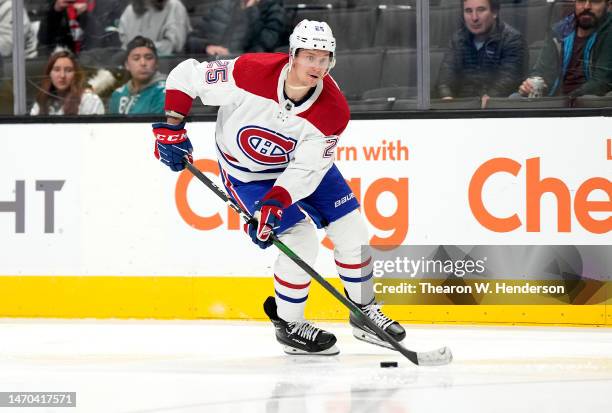 Denis Gurianov of the Montreal Canadiens skates up ice with the puck against the San Jose Sharks during the third period at SAP Center on February...