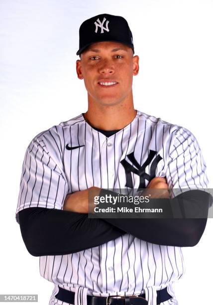 Aaron Judge of the New York Yankees poses for a portrait during media day at George M. Steinbrenner Field on February 22, 2023 in Tampa, Florida.