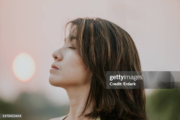 kopfschuss einer schönen asiatischen frau mit sonnenuntergang. - woman stretching sunset stock-fotos und bilder