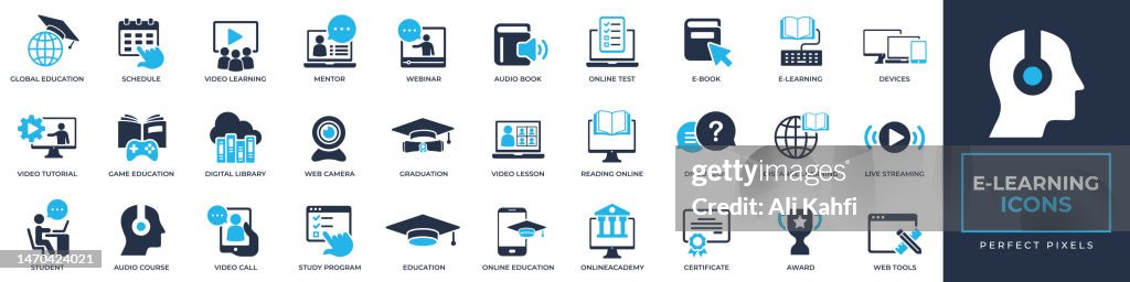E-Learning icons set. Containing e-book, audio course, streaming, education, school, certificate and more solid icons collection. Vector illustration. For website design, logo, app, template, ui, etc.