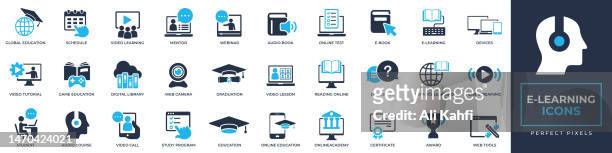 e-learning icons set. containing e-book, audio course, streaming, education, school, certificate and more solid icons collection. vector illustration. for website design, logo, app, template, ui, etc. - education stock illustrations